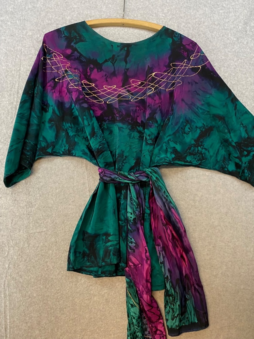 Large Painted Silk Art To Wear Top With Scarf • Blue Purple Green Abstract